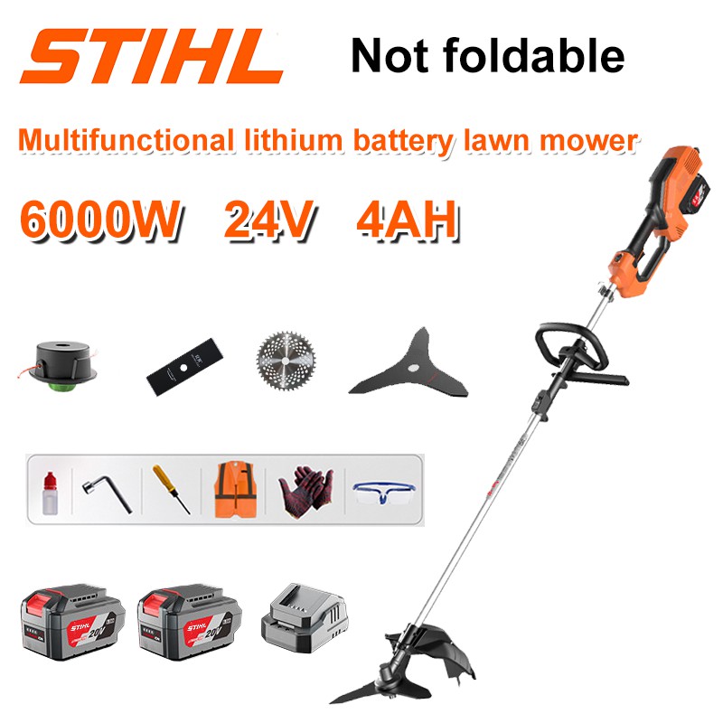 Mașină de tuns iarba fără perii de 6000 W + baterie litiu de 48 V/4 Ah * 2 + lamă de ferăstrău circular + lamă de ferăstrău dreaptă + disc de plivit + frânghie de plivit * 20 + încărcător original + alte accesorii + garanție de zece ani