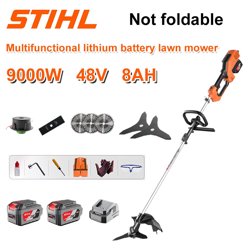 Mașină de tuns iarba fără perii de 9000 W + baterie litiu de 48 V/8 Ah * 2 + lamă de ferăstrău circular * 3 + lamă de ferăstrău dreaptă + disc de plivit + frânghie de plivit * 20 + mașină de tuns iarba cu trei lame * 2 + încărcător original + alte accesorii + garanție de zece ani