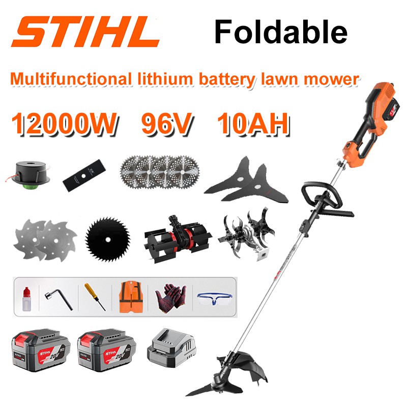 Mașină de tuns iarba fără perii de 12000W + baterie litiu de 96V/10AH * 3 + lamă de ferăstrău circular * 4 + lamă de ferăstrău dreaptă + disc de plivit + frânghie de plivit * 20 + lamă cu trei foi * 2 + lamă de ferăstrău din oțel + lamă de ferăstrău din aliaj * 2 + cap de plivit + cap de plug + încărcător rapid dublu original + alte accesorii + garanție de zece ani