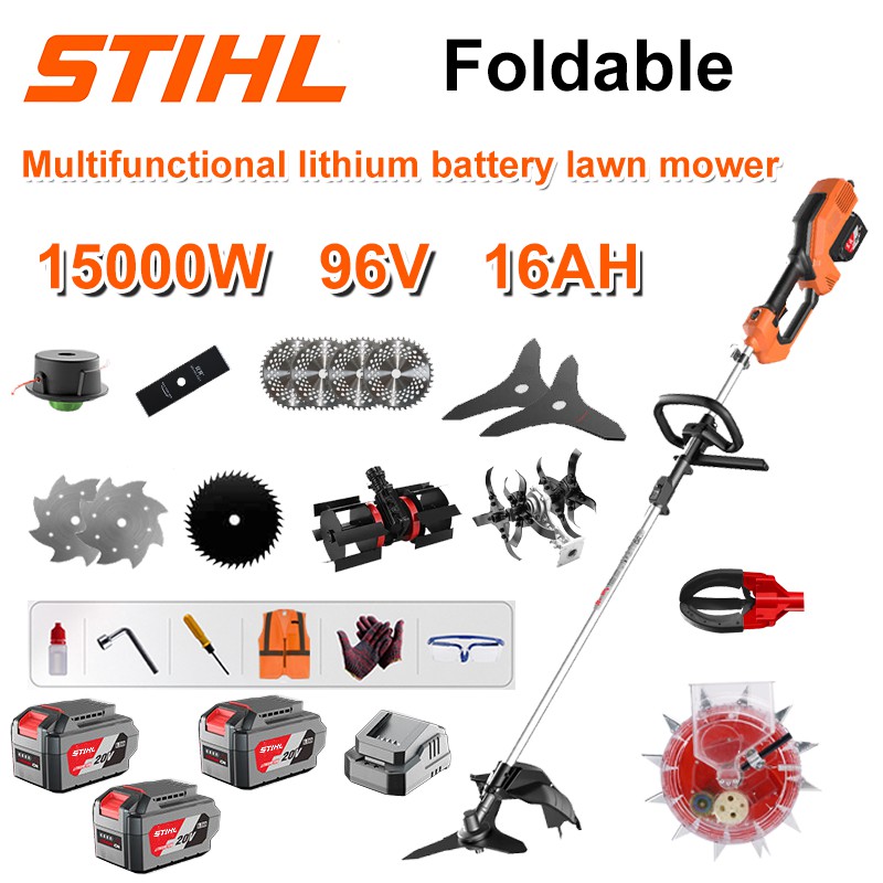 Mașină de tuns iarba fără perii de 15000W + Baterie litiu de 96V/16AH * 4 + Lamă de ferăstrău circular * 4 + Lamă de ferăstrău dreaptă + Disc de plivit + Coardă de plivit * 20 + Lamă cu trei lame * 2 + Lamă de ferăstrău din oțel + Lamă din aliaj * 2 + Cap de plivit + Cap de plug + Încărcător rapid dublu original + Cap de cules fructe + Cap de semănat + Alte accesorii + Garanție de zece ani
