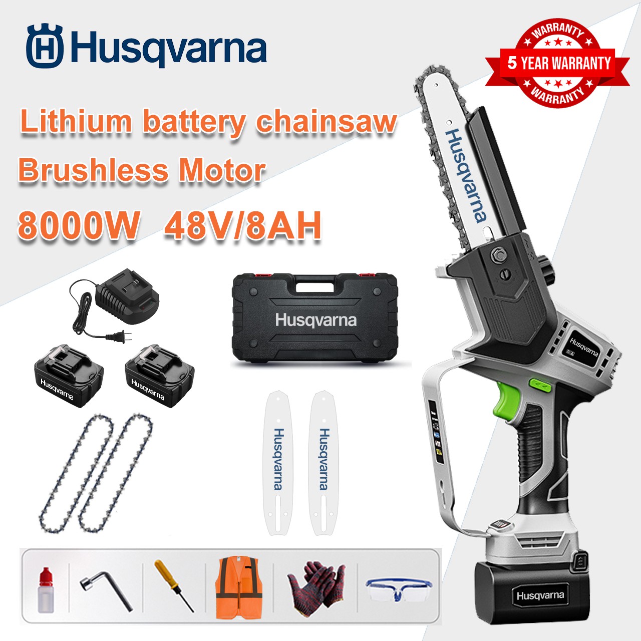 [Model normal/5 ani garanție] Ferăstrău electric cu litiu de 8 inchi 8000 W, baterie 48 V*2, încărcător, placă de ghidare*2, lanț*2, cutie de scule, ulei lubrifiant, ochelari de protecție