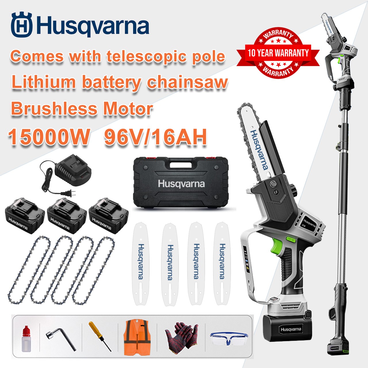 [Model extins/Garanție 10 ani] Ferăstrău electric cu litiu de 10 inchi 15.000 W, baterie 96 V*3, încărcător, lamă de ghidare*4, lanț*4, cutie de scule, lubrifiant și ochelari de protecție, toate motoarele puternice de piatră de înaltă eficiență (cu stâlp de prelungire )