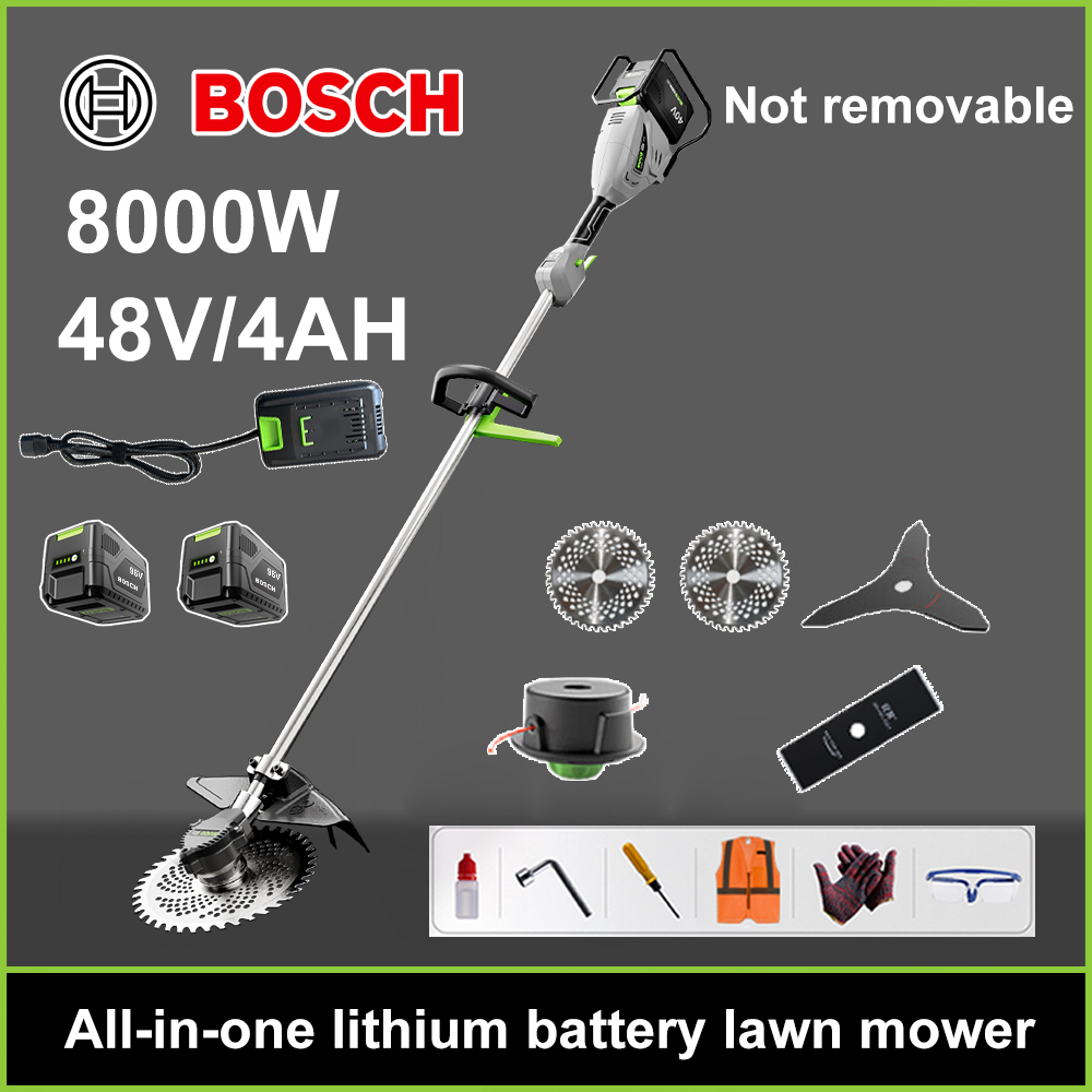 Mașină de tuns iarba fără perii de 8000 W + baterie litiu de 48 V/4 Ah * 2 + lamă de ferăstrău circular * 2 + lamă de ferăstrău dreaptă + disc de tăiere cu perii + fir de tăiere cu perii * 20 + încărcător original + alte accesorii + garanție de zece ani