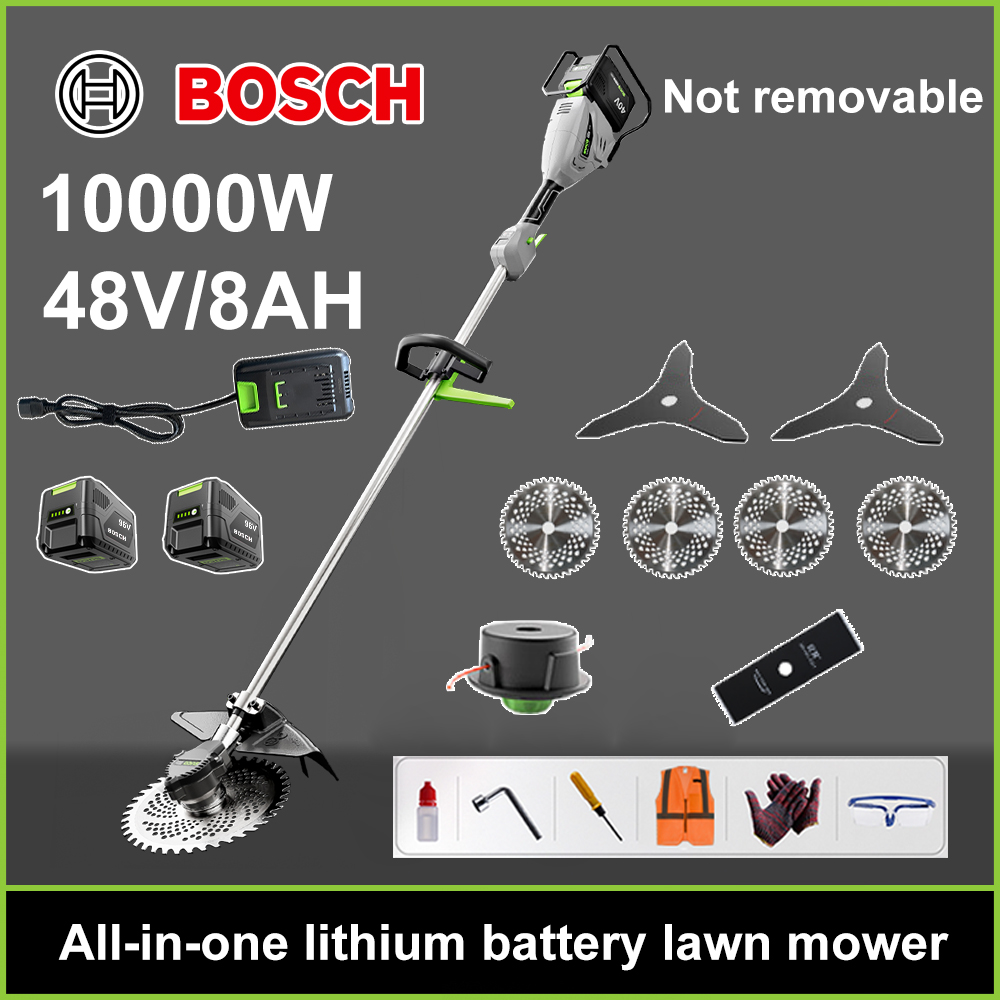 Mașină de tuns iarba fără perii de 10000W + baterie litiu de 48V/8Ah * 2 + lamă de ferăstrău circular * 4 + lamă de ferăstrău dreaptă + disc de tuns buruienile + frânghie de tuns buruienile * 20 + trei lame * 2 + încărcător original + alte accesorii + garanție de zece ani