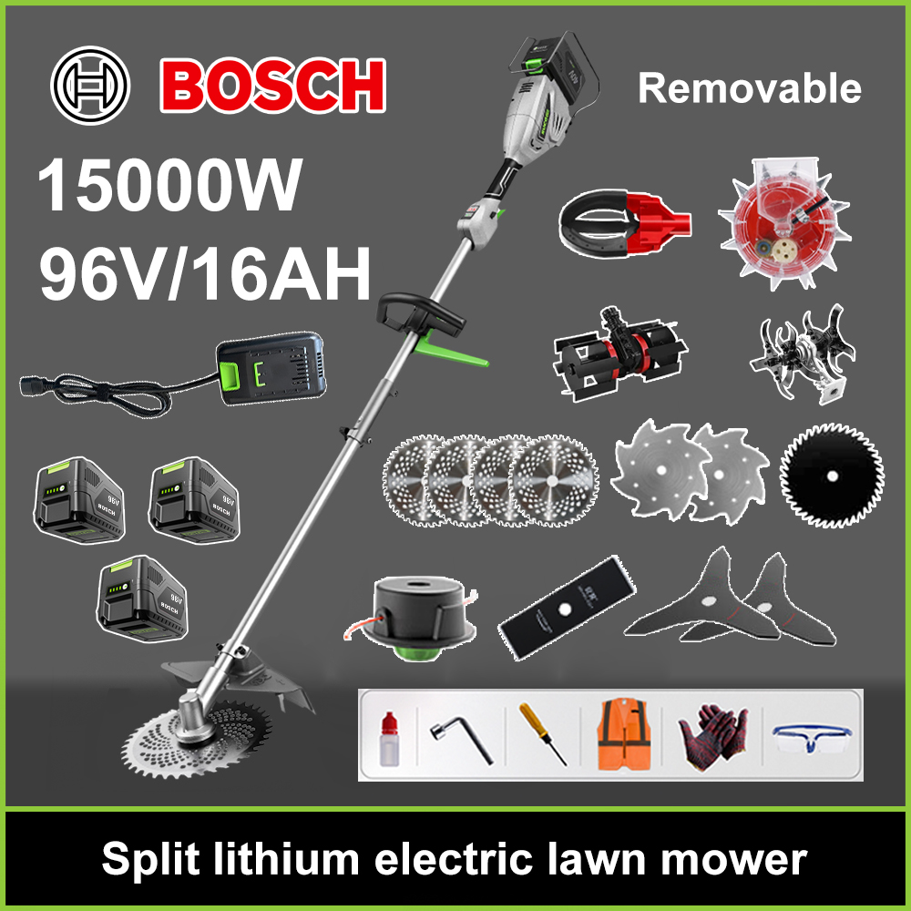 Mașină de tuns iarba fără perii de 15000W + baterie litiu de 96V/16AH * 3 + lamă de ferăstrău circular * 4 + lamă de ferăstrău dreaptă + disc de plivit + frânghie de plivit * 20 + lamă triplă * 2 + lamă de ferăstrău din oțel + lamă din aliaj * 2 + cap de ferăstrău + lamă de ferăstrău + încărcător rapid dublu original + cap de cules fructe + cap de semănat + alte accesorii + garanție de zece ani