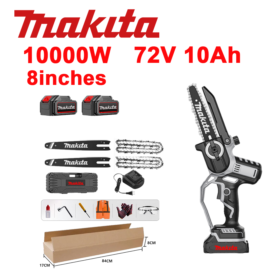 Ferăstrău cu litiu-ion fără perii de 10 inchi, putere de 10.000 W, baterie de 72 V 10,0 Ah*2, încărcător, bară de ghidare*2, lanț*2, cutie de scule, ulei lubrifiant și ochelari de protecție, garanție de cinci ani