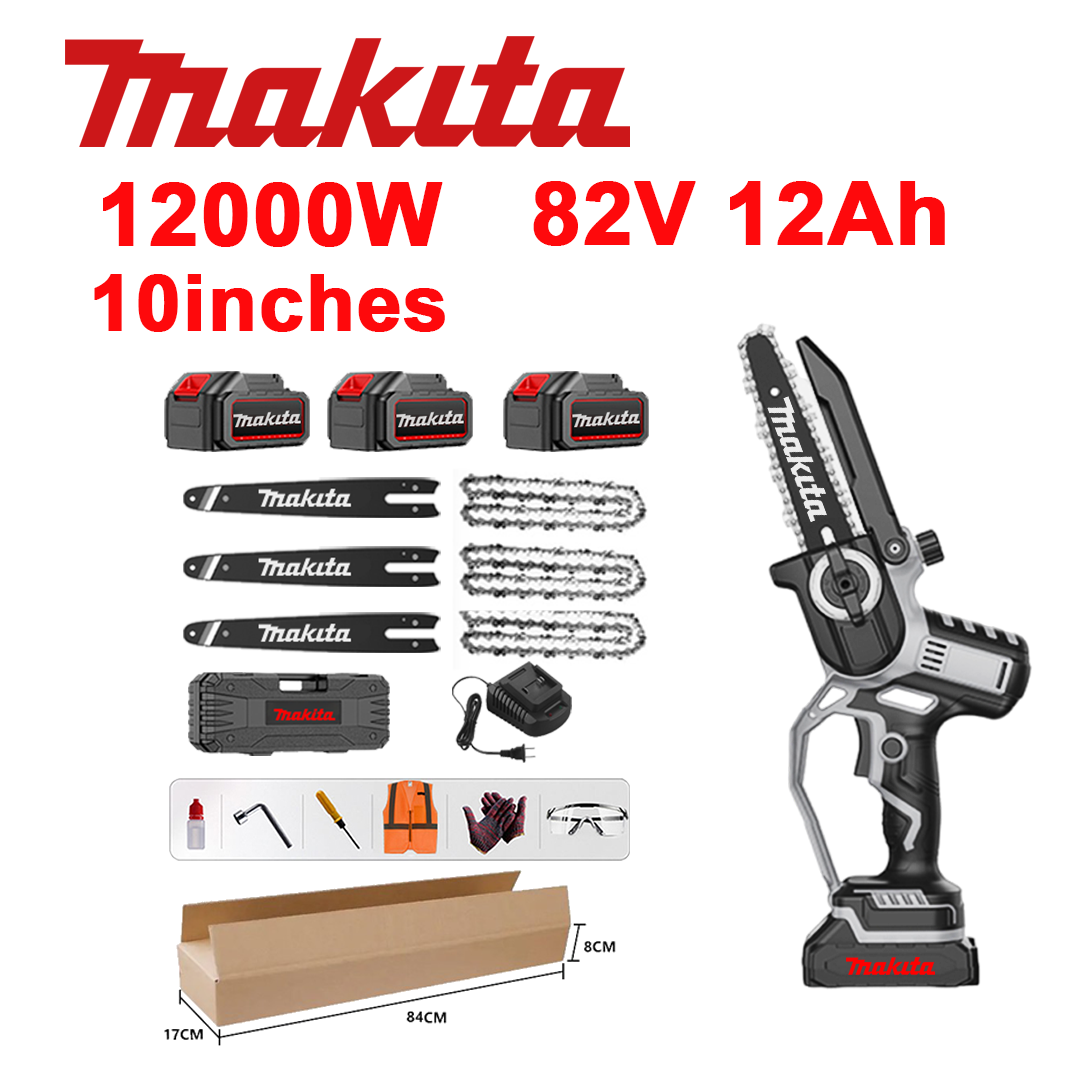 Ferăstrău cu litiu-ion fără perii de 10 inchi, putere de 12.000 W, baterie de 82 V 12,0 Ah*3, încărcător, bară de ghidare*3, lanț*3, cutie de scule, ulei lubrifiant și ochelari de protecție, garanție de cinci ani