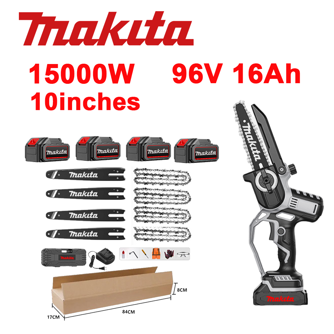 Ferăstrău cu litiu-ion fără perii de 10 inchi, putere 15.000 W, baterie 96 V 16,0 Ah*4, încărcător, bară de ghidare*4, lanț*4, cutie de scule, ulei lubrifiant și ochelari de protecție, garanție de cinci ani