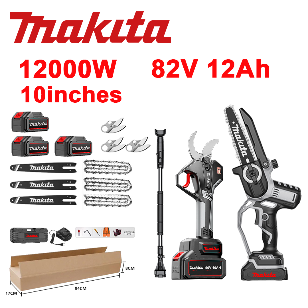 Indicator LED de tensiune (durata de viata a bateriei: 18 ore). Ferăstrău cu litiu-ion de 10 inch 12000W + foarfecă de tăiere + baterie 82V 12.0Ah*3 + încărcător + bare*3 + lanțuri*3 + lame din aliaj SK9*3 + bară telescopică*1 (telescopică de la 150cm la 450cm) + instrument de protecție pentru ulei + 1 instrument de siguranță vintage.