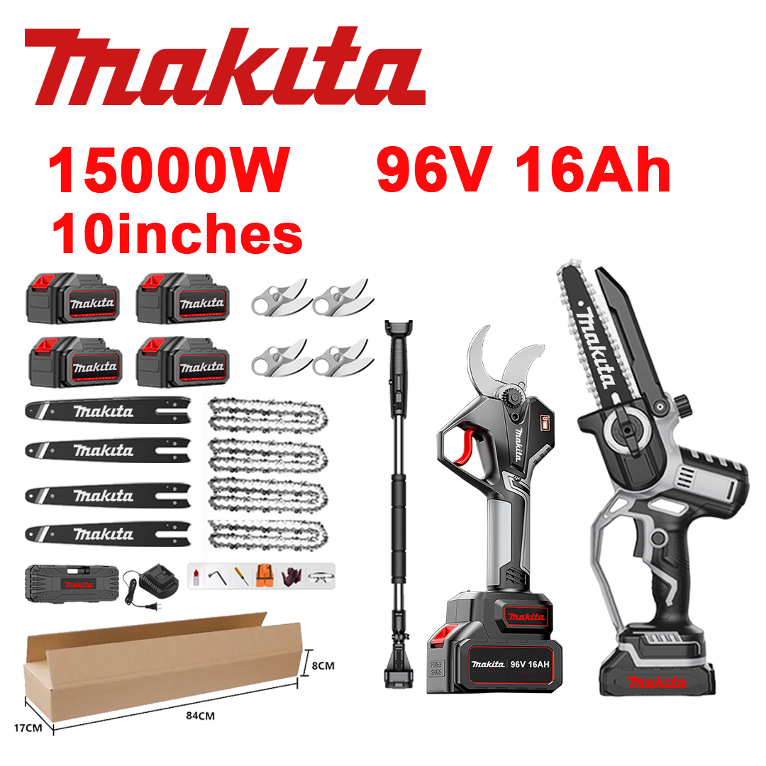 Indicator LED de tensiune (durata de viata a bateriei: 36 ore). Ferăstrău cu litiu-ion de 10 inchi 15.000 W + foarfece de tăiere + baterie 96 V 16,0 Ah*4 + încărcător + bare de ghidare *4 + lanțuri *4 + lame din aliaj SK9 *4 + stâlp telescopic *1 (retractabil de la 150 cm la 450 cm) + 1 instrument de protecție.